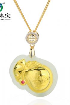 卓澜 珠宝足金金镶天然和田白玉钱袋纳福吊坠 139458