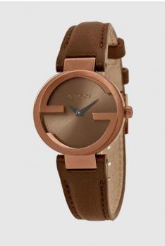 GUCCI INTERLOCKING Series Fashion and Elegant Temperament Classic Double G Brown Leather Quartz Women Watch -YA133504