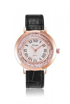 艾克朗iCrown女表外径36mm真皮防水潮流时尚锆石手工镶嵌手表型号 71162P-玫金黑皮
