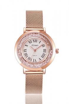艾克朗iCrown女表外径36mm真皮防水潮流时尚锆石手工镶嵌手表型号71162S-玫金网带