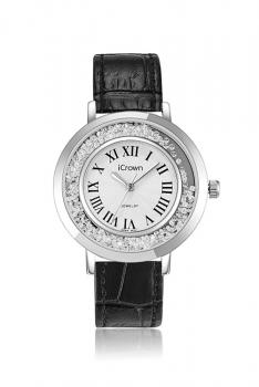 艾克朗iCrown女表外径36mm真皮防水潮流时尚锆石手工镶嵌手表型号71162P-白金黑皮