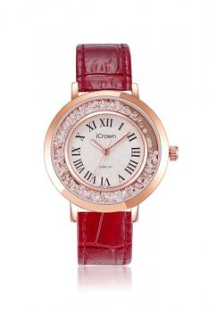 艾克朗iCrown女表外径36mm真皮防水潮流时尚锆石手工镶嵌手表型号71162P-玫金红皮