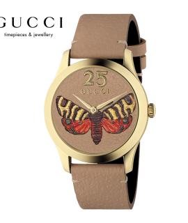 古驰GUCCI G-Timeless系列飞蛾印花玫瑰金表框 驼色皮革石英女表 38mm YA1264063