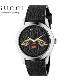 古驰GUCCI G-Timeless系列蜜蜂印花表盘黑色皮革石英女表 38mm YA1264067