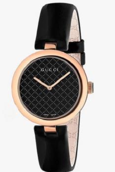 古驰GUCCI DIAMANTISSIMA系列优雅玫瑰金色黑色牛皮表带石英女表 YA141501